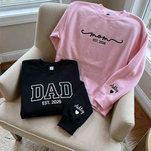 Matching Mom and Dad Sweatshirts, Embroidered Personalized Mom Dad Crewneck with Date, New Mom and Dad Gift