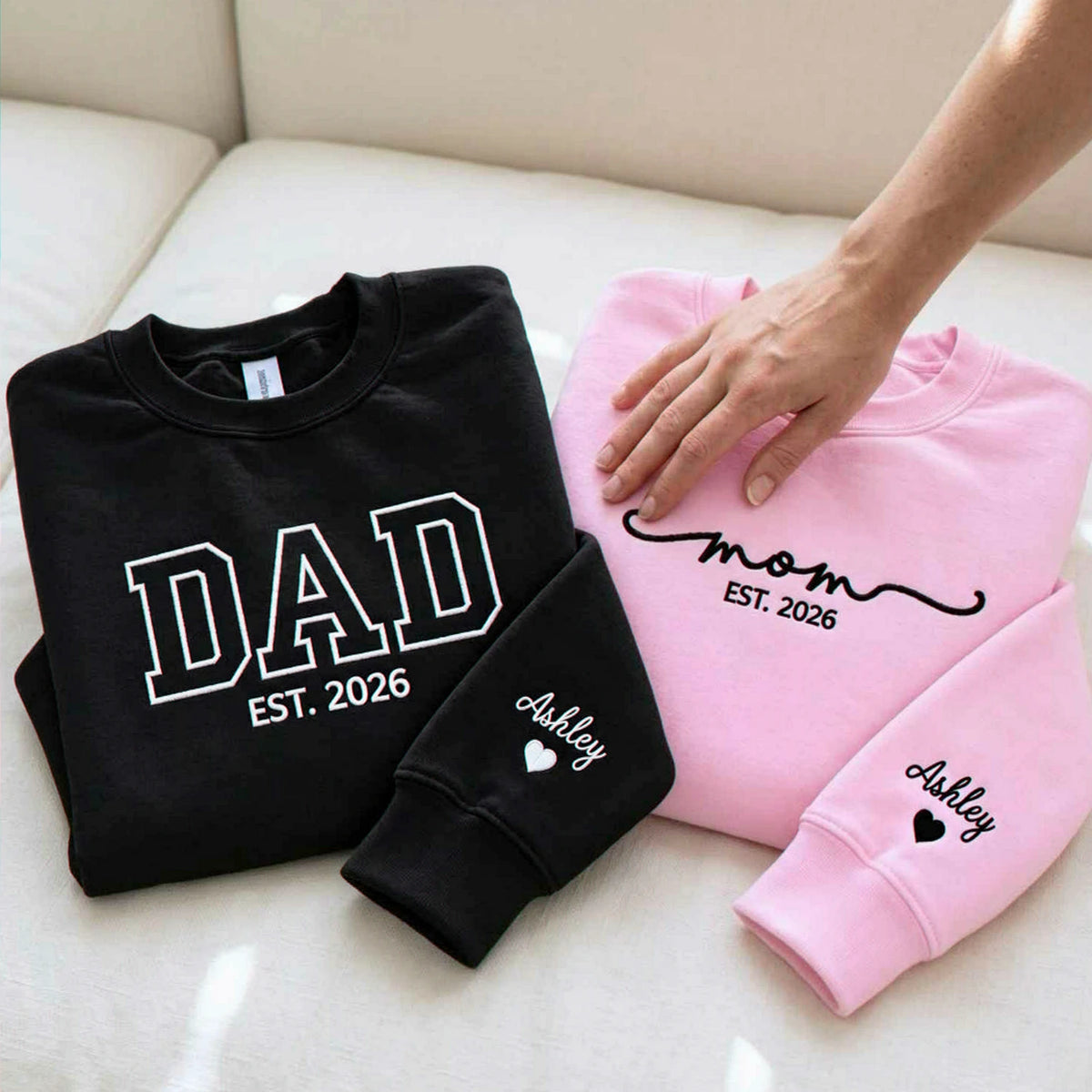 Matching Mom and Dad Sweatshirts, Embroidered Personalized Mom Dad Crewneck with Date, New Mom and Dad Gift