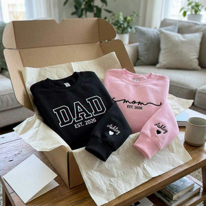 Matching Mom and Dad Sweatshirts, Embroidered Personalized Mom Dad Crewneck with Date, New Mom and Dad Gift