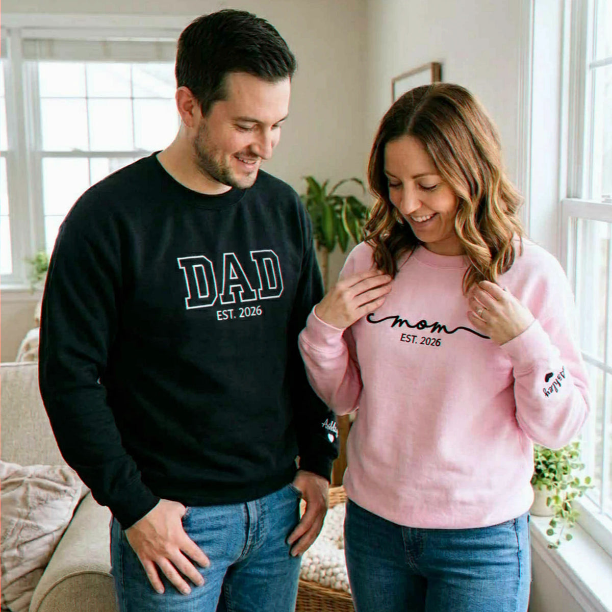 Matching Mom and Dad Sweatshirts, Embroidered Personalized Mom Dad Crewneck with Date, New Mom and Dad Gift