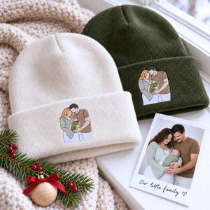 Custom couple and baby embroidered beanie hats, personalized family Christmas gift
