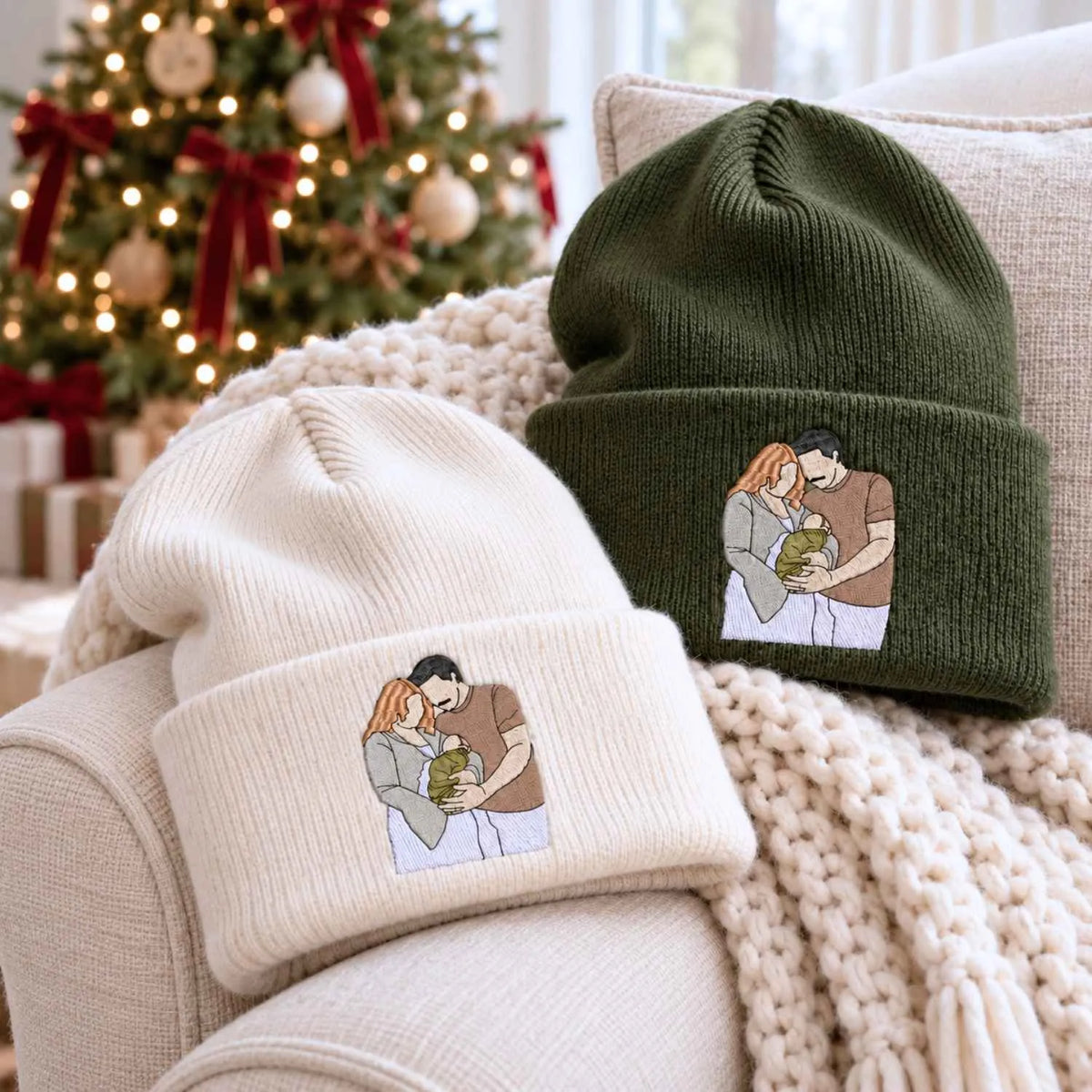 Custom Mom Dad Portrait Beanie, Embroidered Photo Knit Hat for New Mom Dad, Matching Family Christmas Gifts