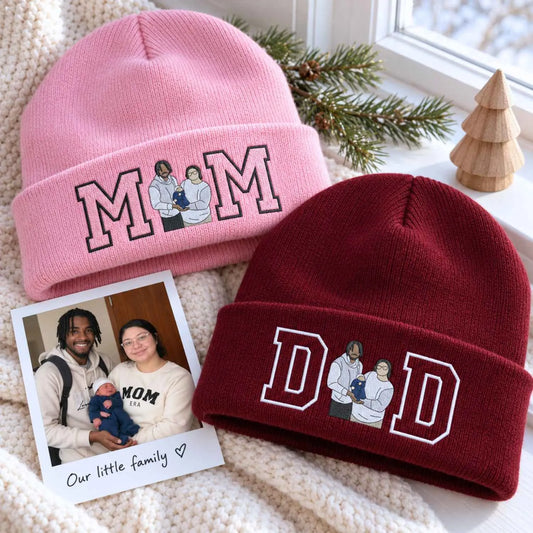 Custom embroidered mom and dad beanies with personalized family portrait photo, gift for new mom and dad