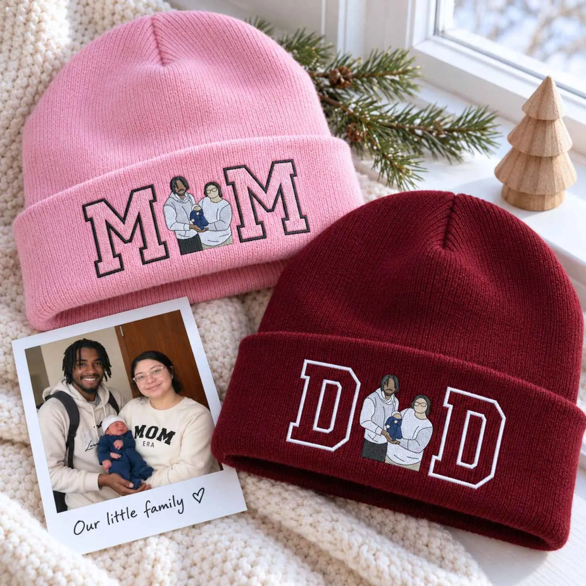 Custom embroidered mom and dad beanies with personalized family portrait photo, gift for new mom and dad