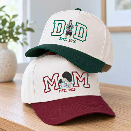 Custom embroidered DAD and MOM EST 2026 baseball caps with personalized portrait photo embroidery