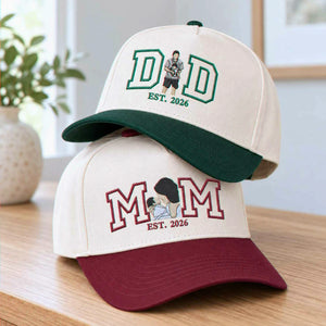 Custom embroidered DAD and MOM EST 2026 baseball caps with personalized portrait photo embroidery