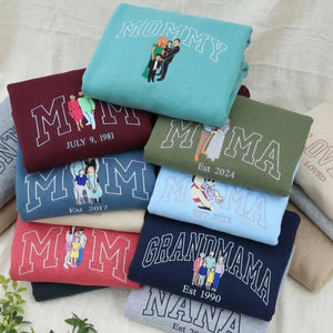 Custom Embroidered Mom Kids Photo Portrait Hoodie Sweatshirt, Embroidered Gift for Wife from Husband