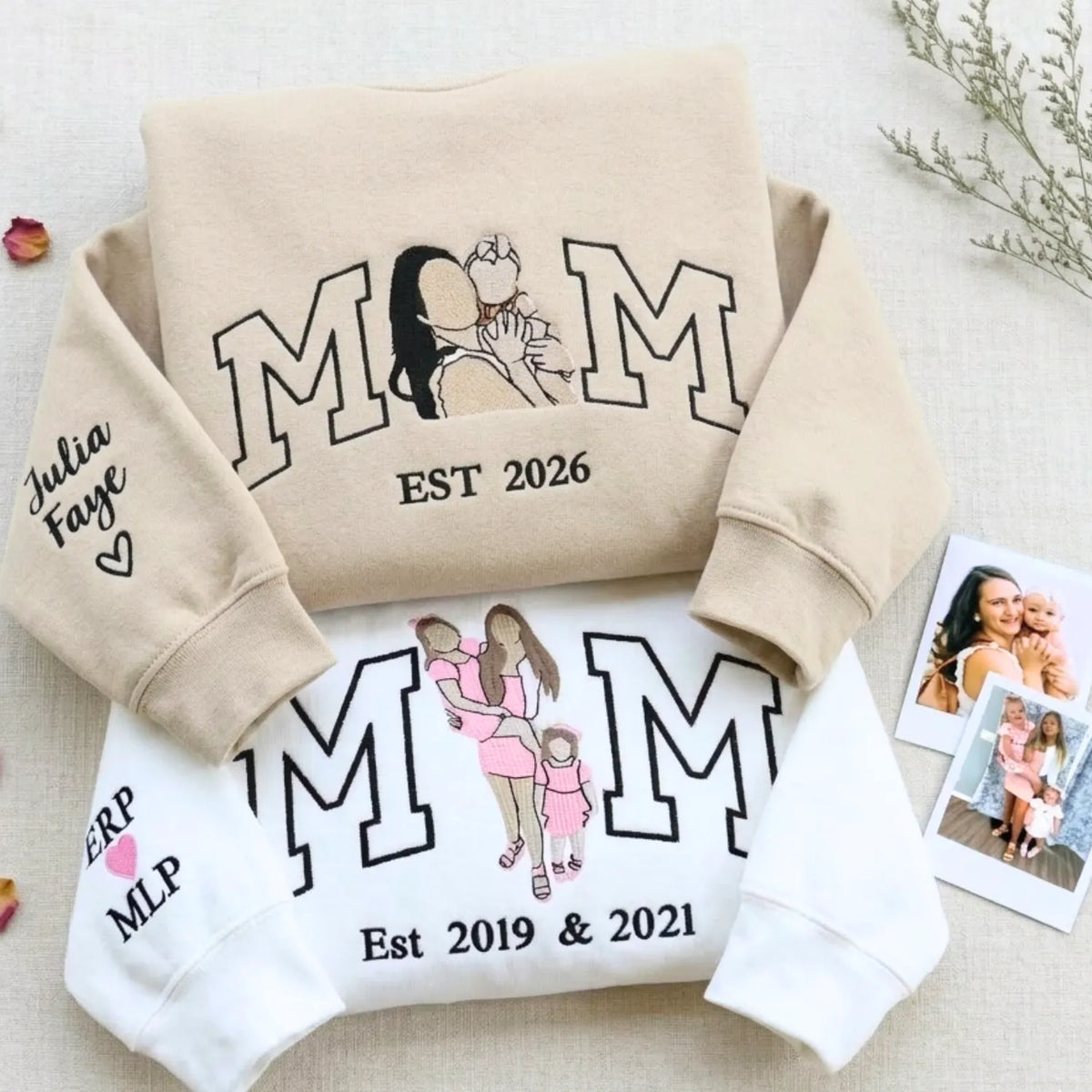 Custom Embroidered Mom Kids Photo Portrait Hoodie Sweatshirt, Embroidered Gift for Wife from Husband