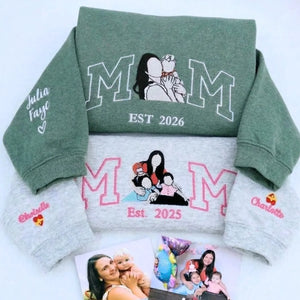 Custom Embroidered Mom Kids Photo Portrait Hoodie Sweatshirt, Embroidered Gift for Wife from Husband