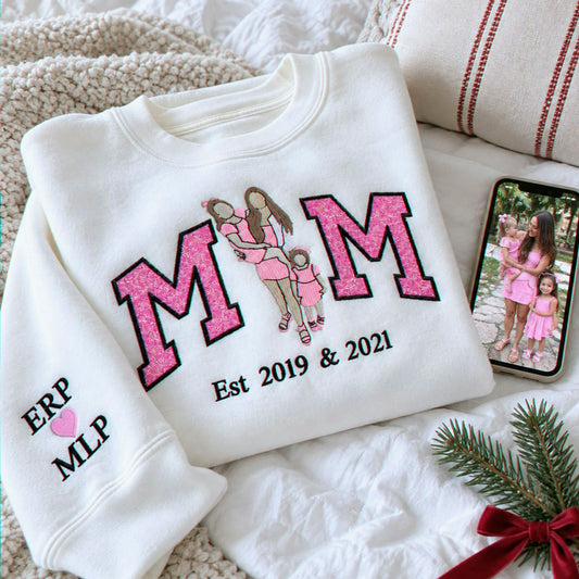 Custom Mom Portrait Glitter Sweatshirt, Embroidered Portrait from Photo Crewneck, Christmas Gift for Mom
