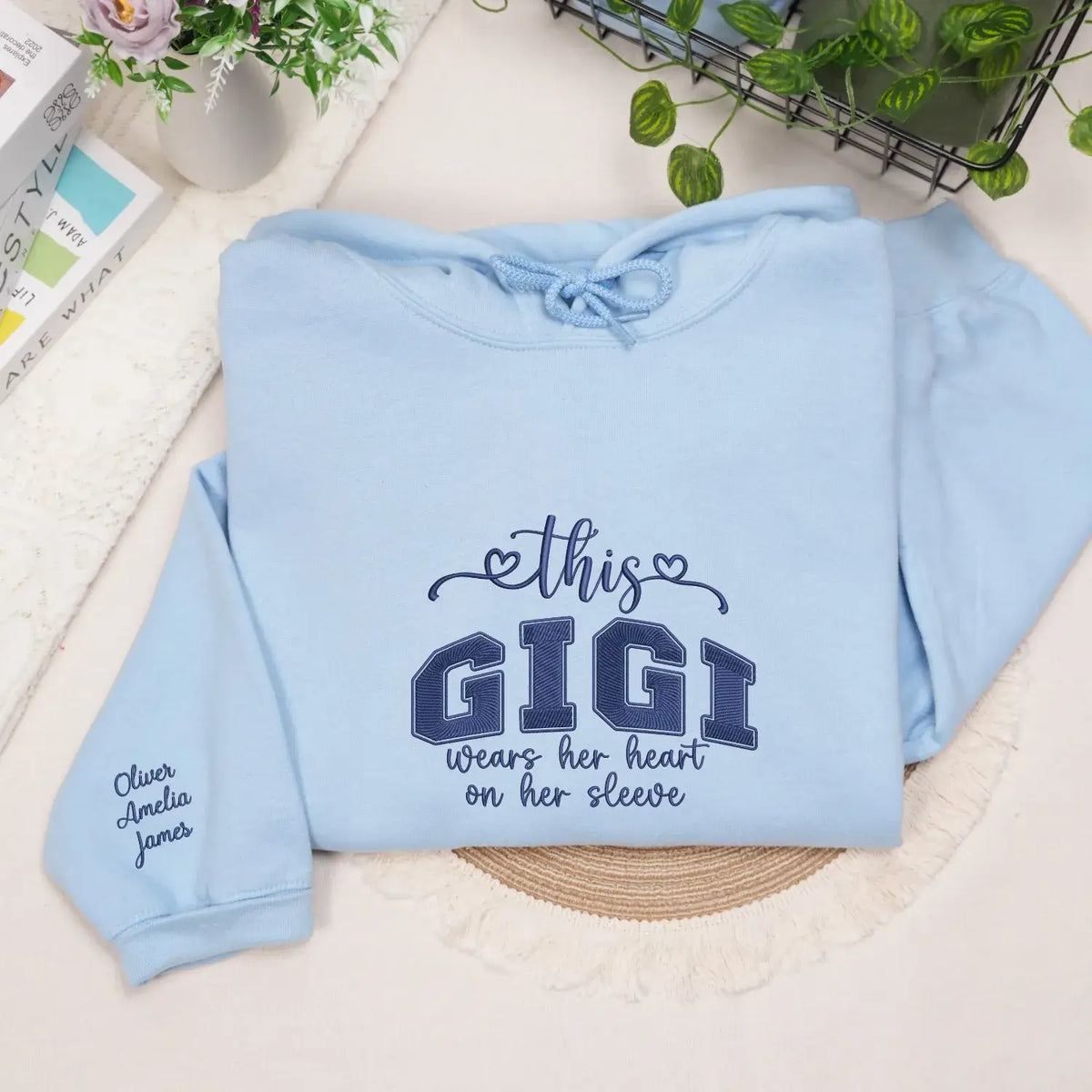 Custom Embroidered This Gigi Wears Her Heart on Her Sleeve Sweatshirt with Kids Name on Sleeve, Gifts for Gigi