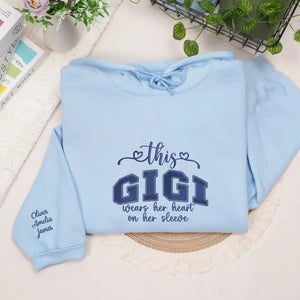 Custom Embroidered This Gigi Wears Her Heart on Her Sleeve Sweatshirt with Kids Name on Sleeve, Gifts for Gigi