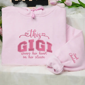 Custom Embroidered This Gigi Wears Her Heart on Her Sleeve Sweatshirt with Kids Name on Sleeve, Gifts for Gigi