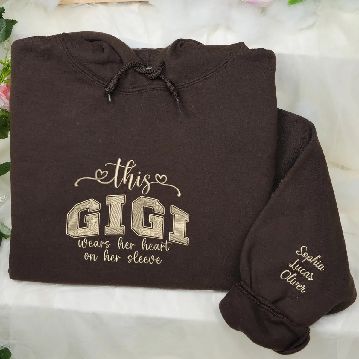 Custom Embroidered This Gigi Wears Her Heart on Her Sleeve Sweatshirt with Kids Name on Sleeve, Gifts for Gigi