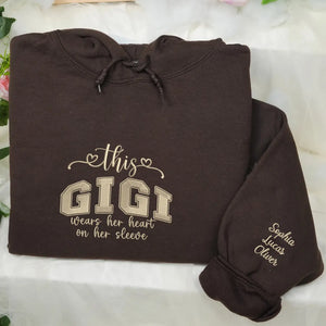 Custom Embroidered This Gigi Wears Her Heart on Her Sleeve Sweatshirt with Kids Name on Sleeve, Gifts for Gigi