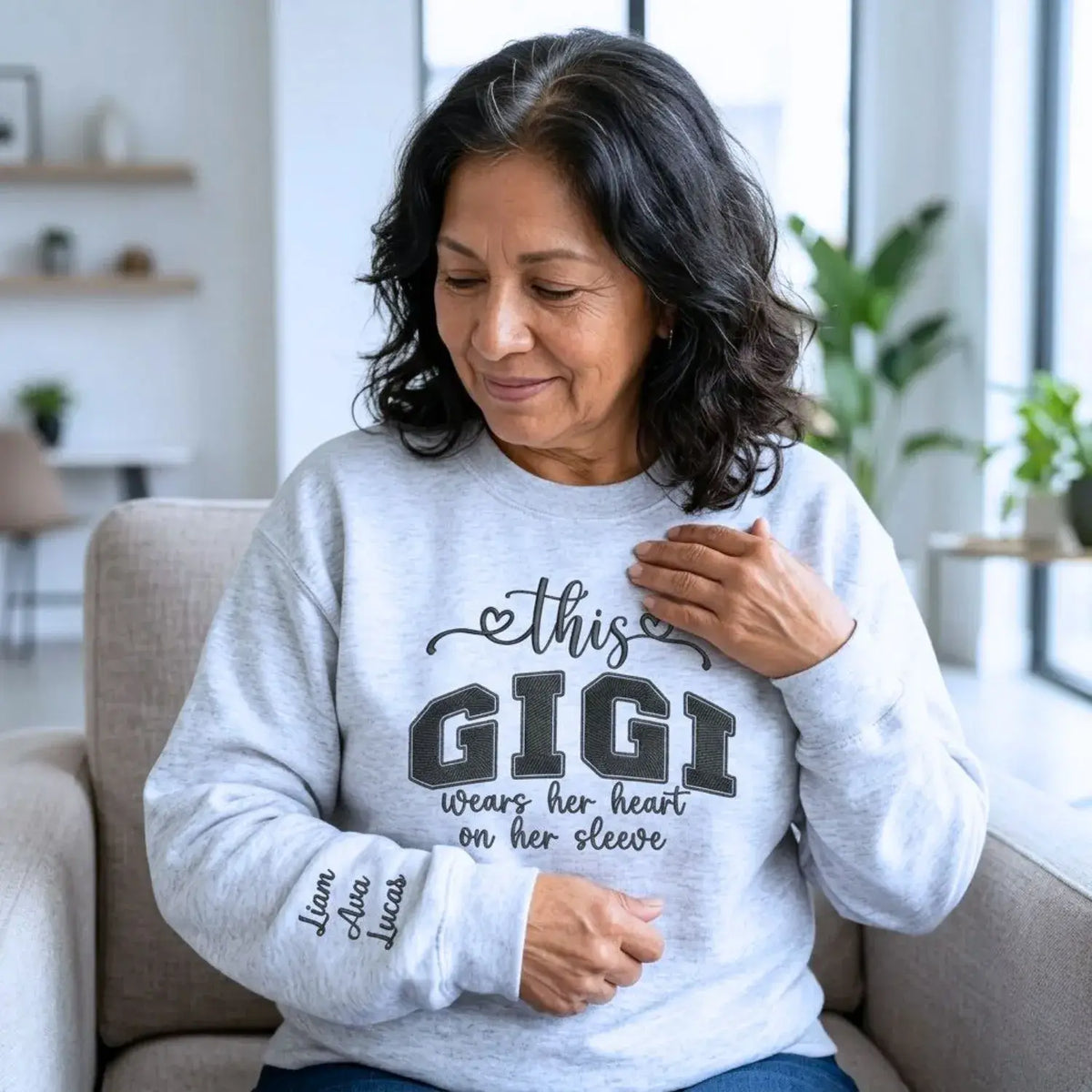 Custom Embroidered This Gigi Wears Her Heart on Her Sleeve Sweatshirt with Kids Name on Sleeve, Gifts for Gigi