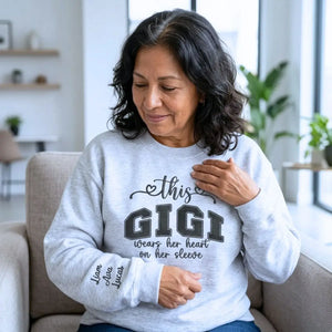 Custom Embroidered This Gigi Wears Her Heart on Her Sleeve Sweatshirt with Kids Name on Sleeve, Gifts for Gigi