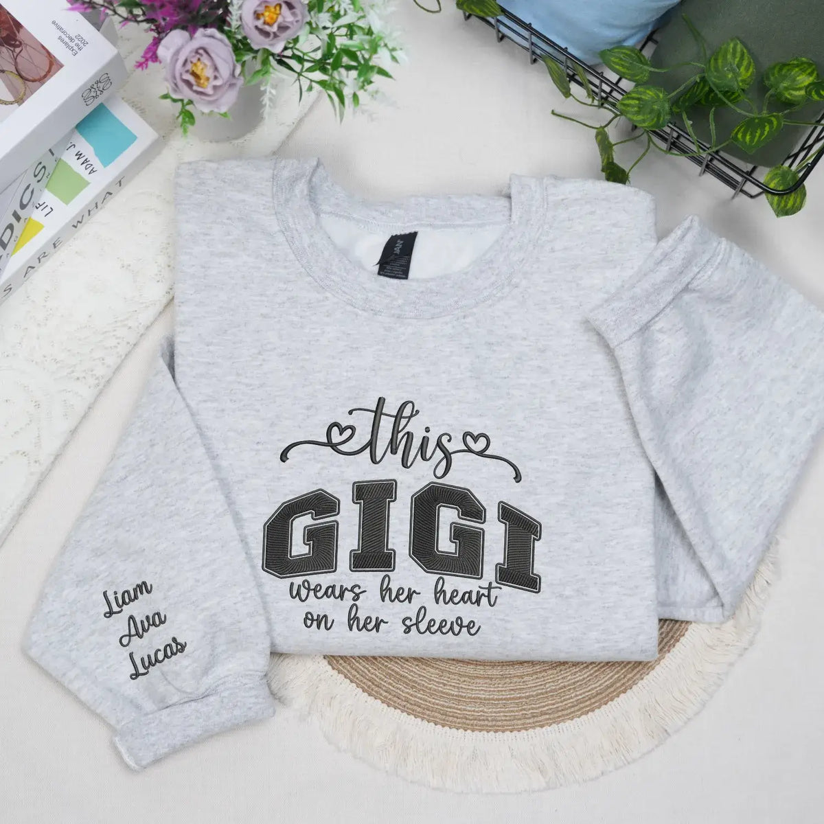 Custom Embroidered This Gigi Wears Her Heart on Her Sleeve Sweatshirt with Kids Name on Sleeve, Gifts for Gigi
