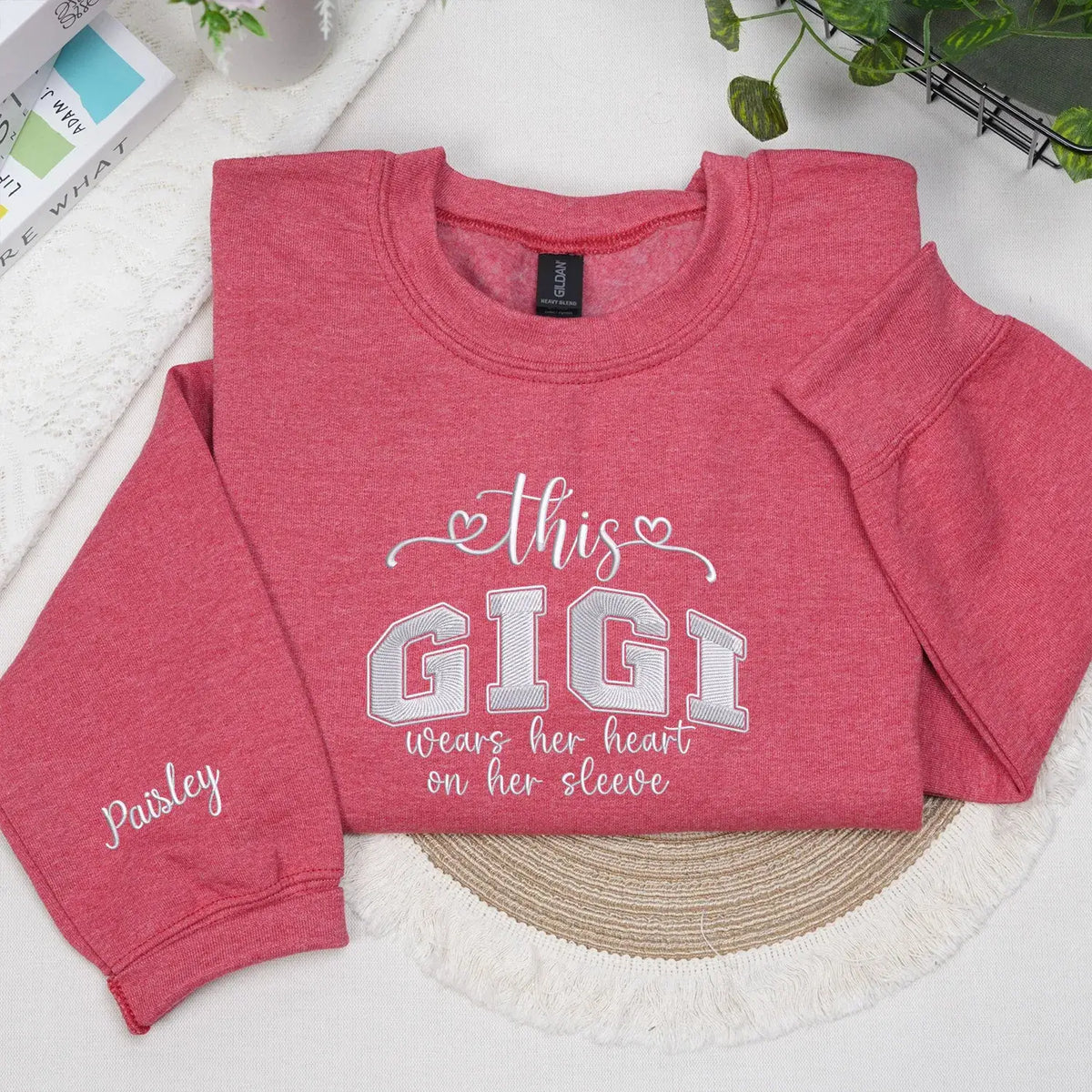 Custom Embroidered This Gigi Wears Her Heart on Her Sleeve Sweatshirt with Kids Name on Sleeve, Gifts for Gigi