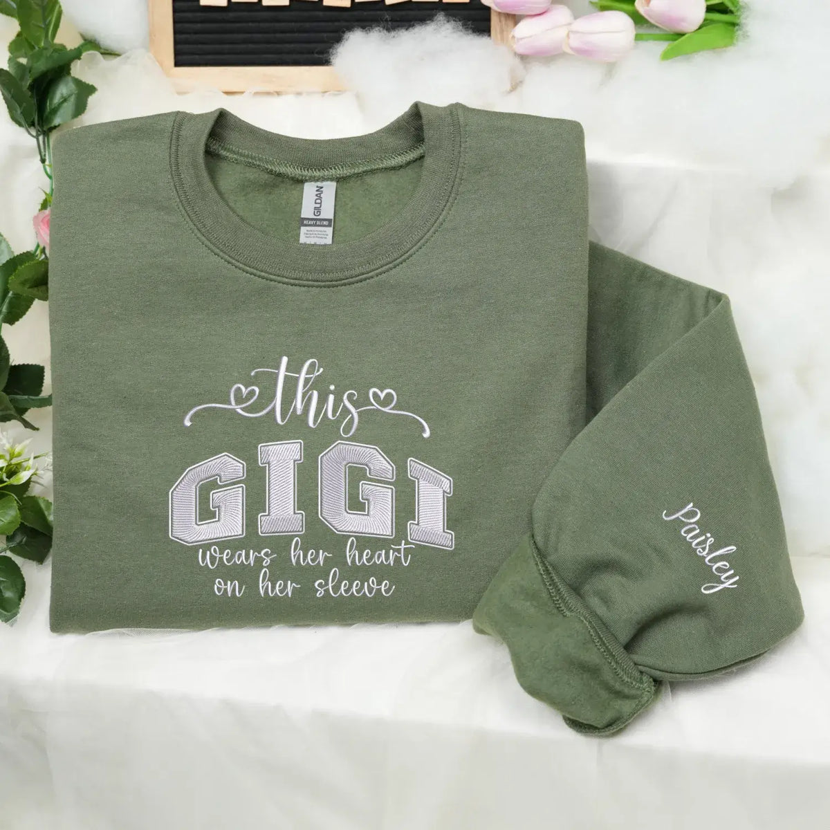 Custom Embroidered This Gigi Wears Her Heart on Her Sleeve Sweatshirt with Kids Name on Sleeve, Gifts for Gigi