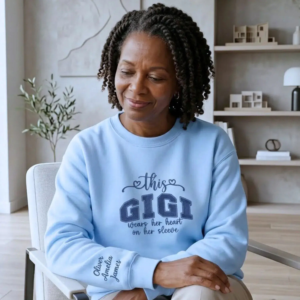 Custom Embroidered This Gigi Wears Her Heart on Her Sleeve Sweatshirt with Kids Name on Sleeve, Gifts for Gigi