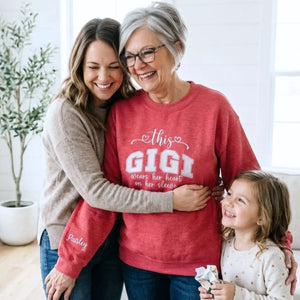 Custom Embroidered This Gigi Wears Her Heart on Her Sleeve Sweatshirt with Kids Name on Sleeve, Gifts for Gigi