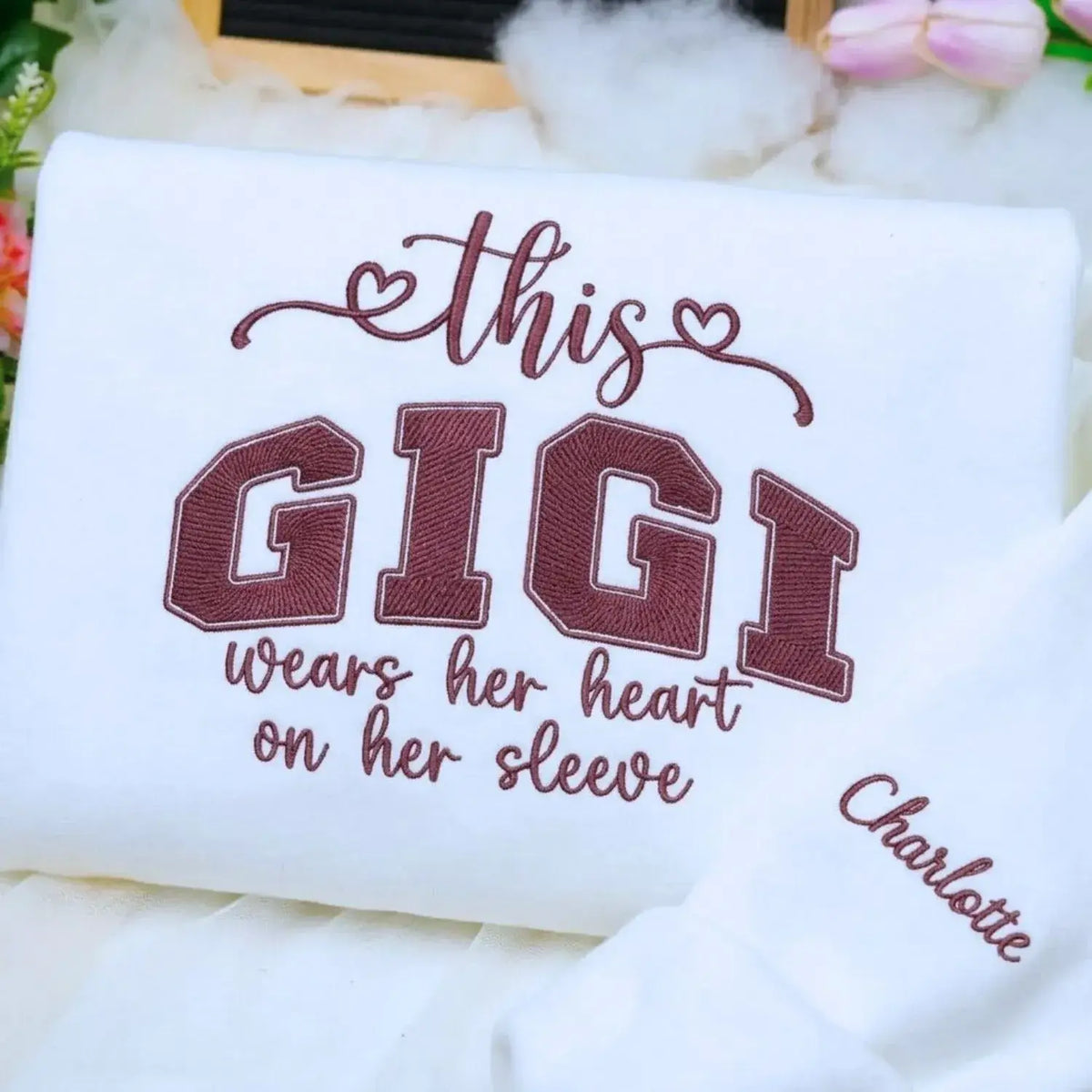 Custom Embroidered This Gigi Wears Her Heart on Her Sleeve Sweatshirt with Kids Name on Sleeve, Gifts for Gigi