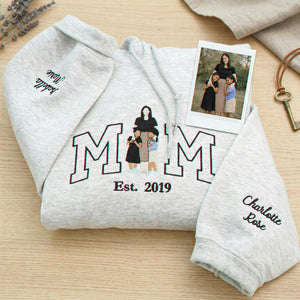 Personalize mom portrait sport gray hoodie from photo, names, and Est. year, gift for mother's day