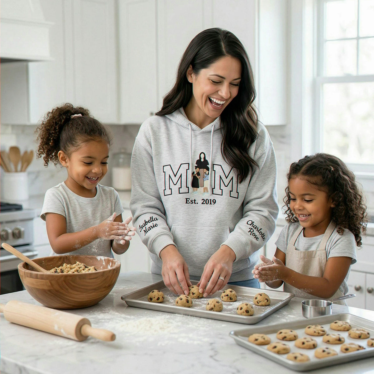 Personalized Mom Sweatshirt With Embroidered Kids Portrait and Names, Custom Mother With 2 Daughters Gift