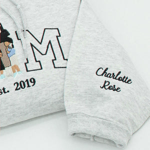 Personalized Mom Sweatshirt With Embroidered Kids Portrait and Names, Custom Mother With 2 Daughters Gift