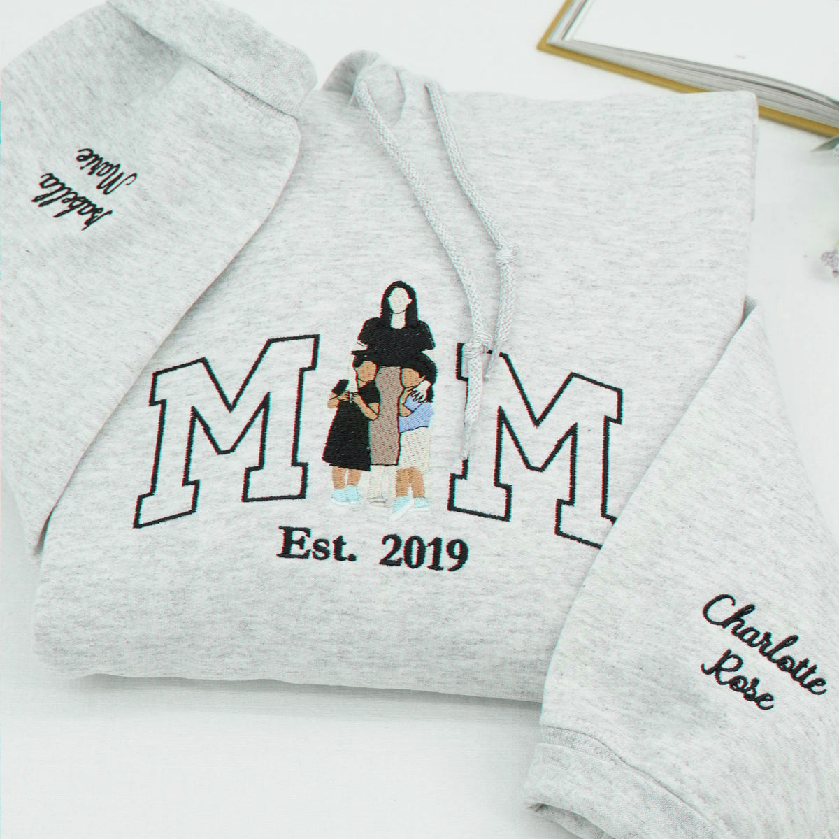 Personalized Mom Sweatshirt With Embroidered Kids Portrait and Names, Custom Mother With 2 Daughters Gift
