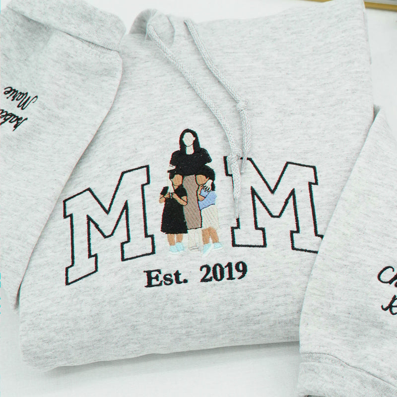 Personalized Mom Sweatshirt With Embroidered Kids Portrait and Names, Custom Mother With 2 Daughters Gift