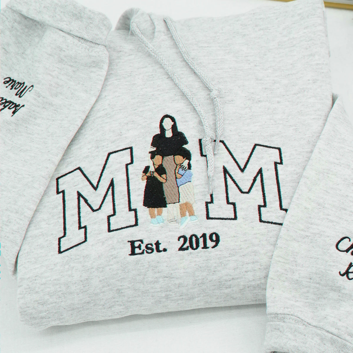 Personalized Mom Sweatshirt With Embroidered Kids Portrait and Names, Custom Mother With 2 Daughters Gift