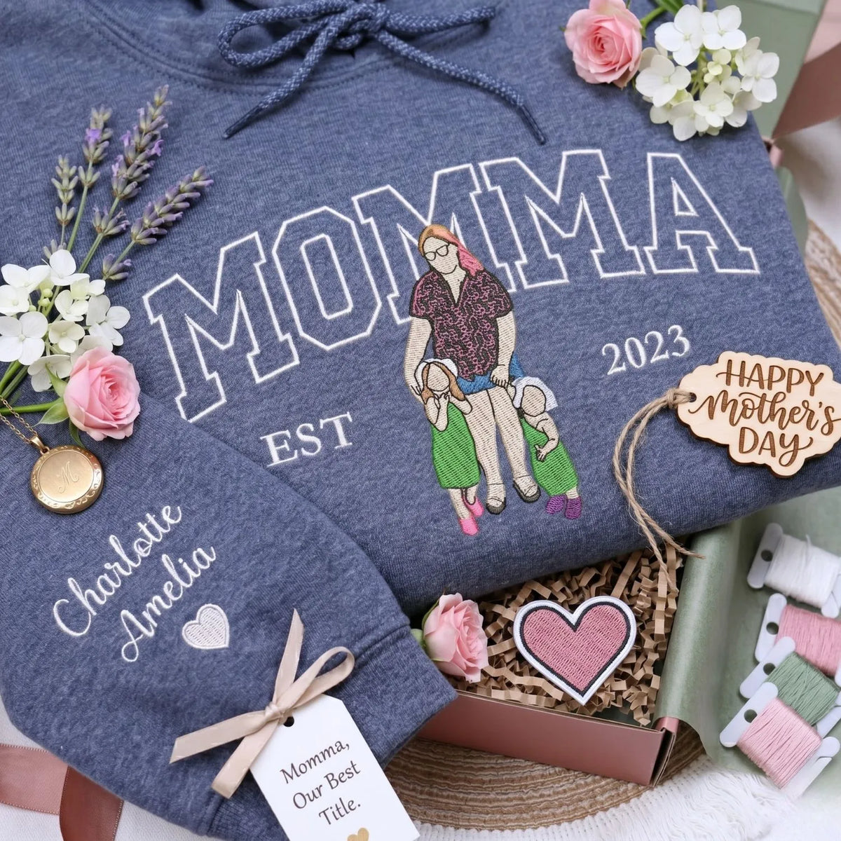 custom embroidered mom sweatshirt with family portrait from photo on hoodie gift