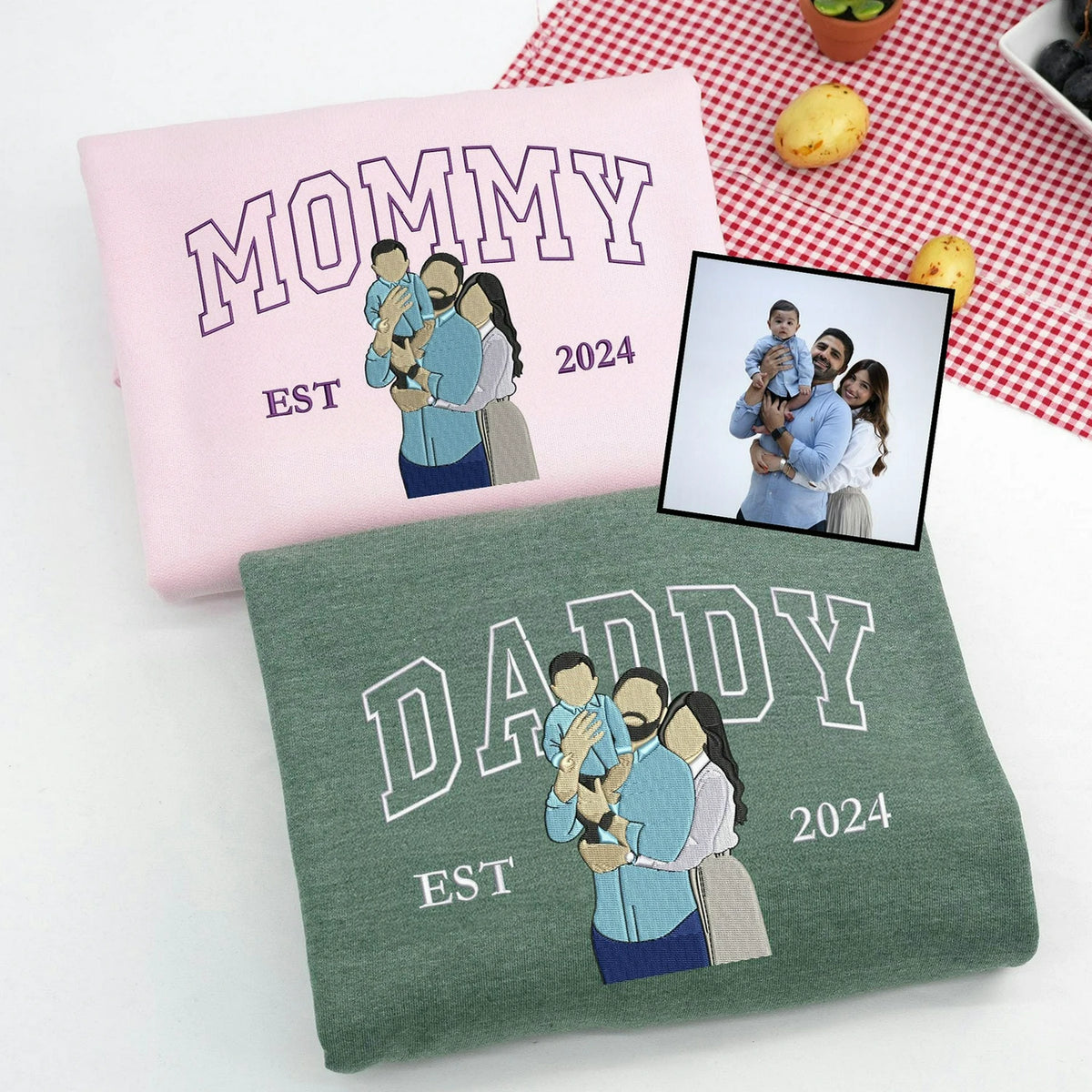Customize a family portrait sweatshirt from your photo for mommy and daddy