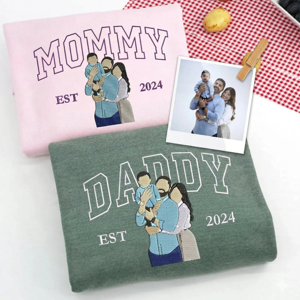 Personalized Mommy Daddy Photo Sweatshirt, Embroidered Matching Mom Dad Crewneck Hoodie