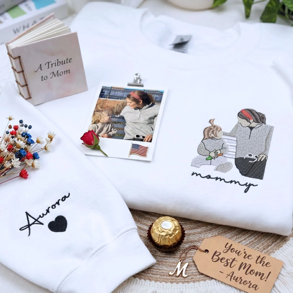 custom embroidered mommy sweatshirt with family photo portrait gift for mother’s day