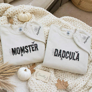 Momster and Dadcula Sweatshirt, Personalized Embroidered with Kids Name Halloween Gift