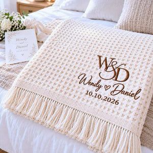 Cream waffle blanket with brown embroidered W&D monogram, personalized names and wedding date.