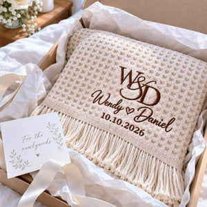 Custom Monogrammed Wedding Throw Blanket with Names & Date, Embroidered Couple Quilt, Wedding Anniversary Gift