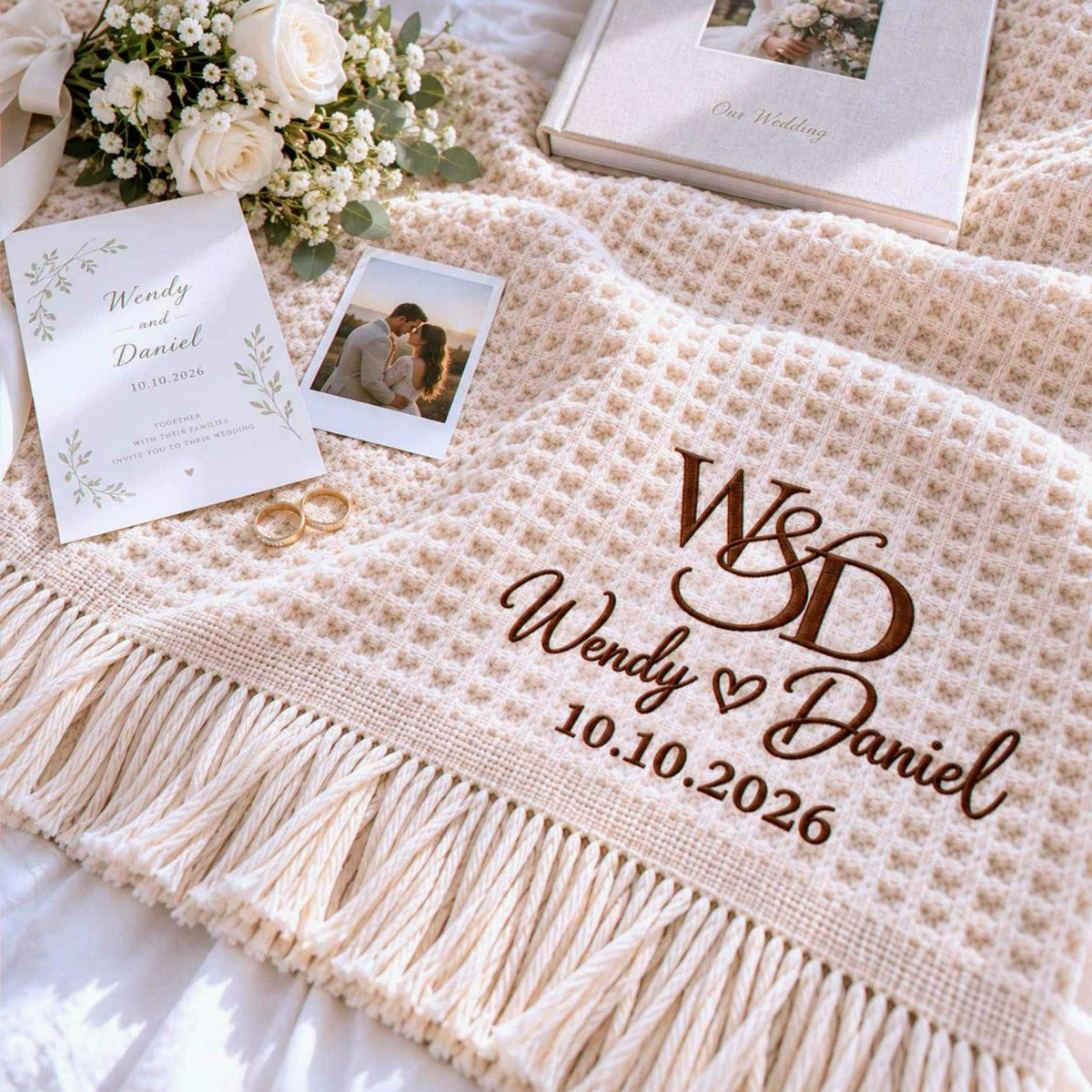 Custom Monogrammed Wedding Throw Blanket with Names & Date, Embroidered Couple Quilt, Wedding Anniversary Gift