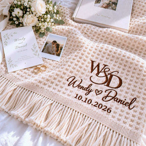 Custom Monogrammed Wedding Throw Blanket with Names & Date, Embroidered Couple Quilt, Wedding Anniversary Gift