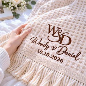 Custom Monogrammed Wedding Throw Blanket with Names & Date, Embroidered Couple Quilt, Wedding Anniversary Gift
