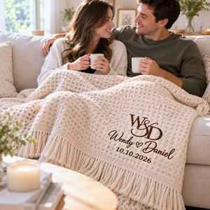 Custom Monogrammed Wedding Throw Blanket with Names & Date, Embroidered Couple Quilt, Wedding Anniversary Gift