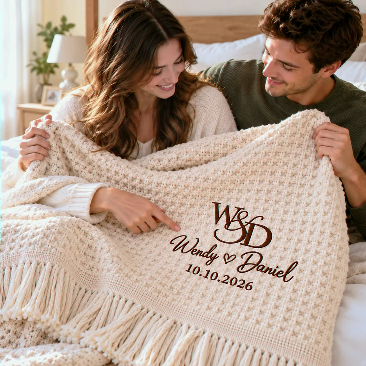 Custom Monogrammed Wedding Throw Blanket with Names & Date, Embroidered Couple Quilt, Wedding Anniversary Gift