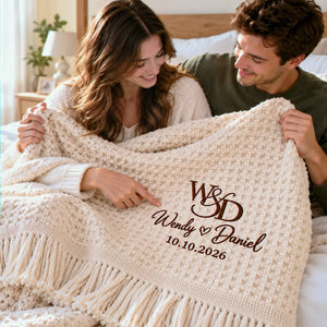 Custom Monogrammed Wedding Throw Blanket with Names & Date, Embroidered Couple Quilt, Wedding Anniversary Gift