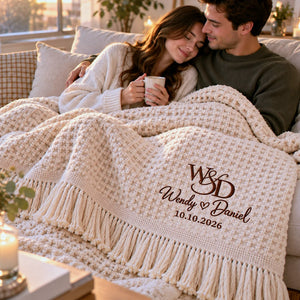 Custom Monogrammed Wedding Throw Blanket with Names & Date, Embroidered Couple Quilt, Wedding Anniversary Gift