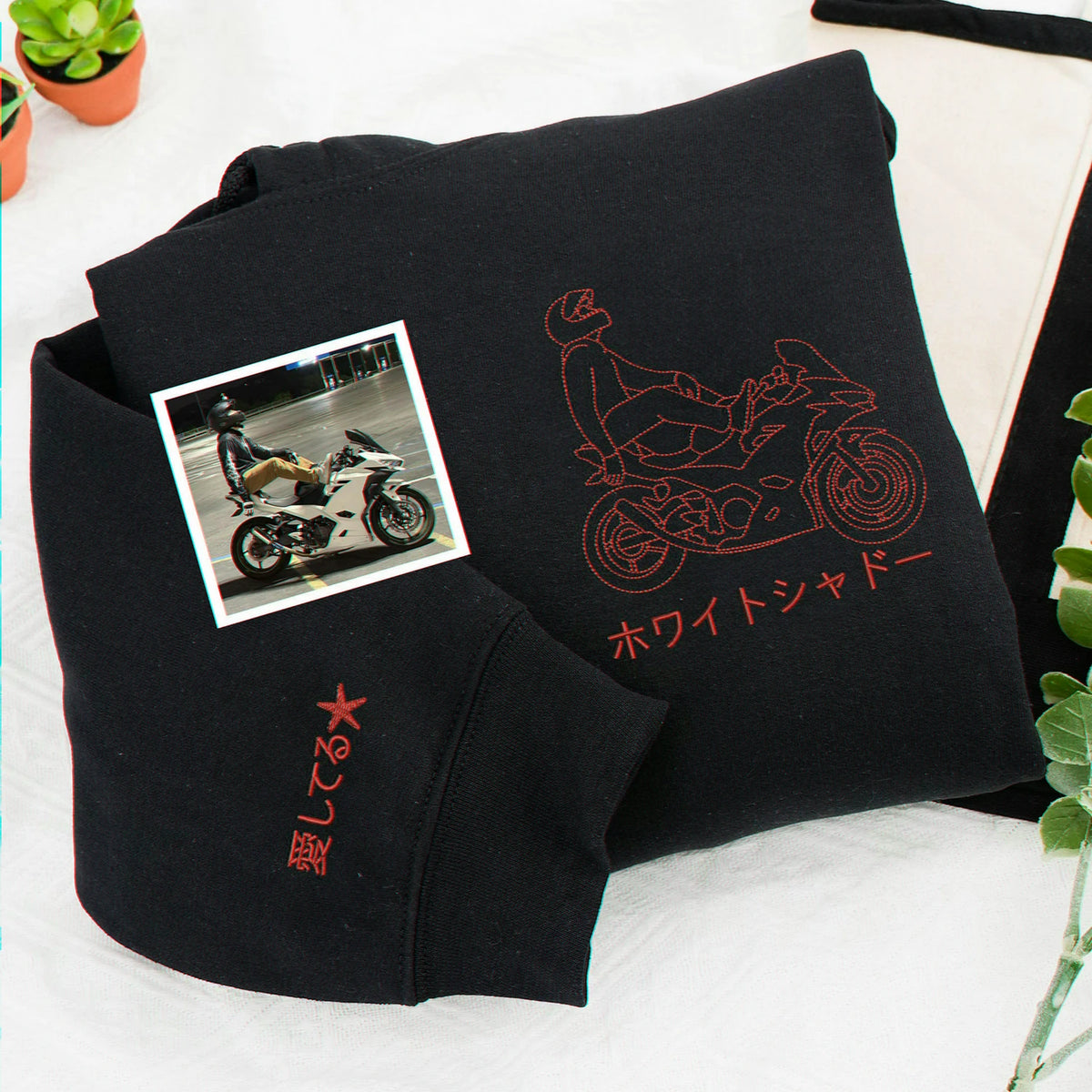 Custom Embroidered Motorcycle Line Art Sweatshirt, Biker Gift for Him