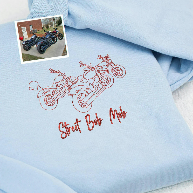 Custom Embroidered Motorcycle Line Art Sweatshirt, Biker Gift for Him