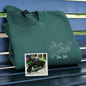 Custom Embroidered Motorcycle Line Art Sweatshirt, Biker Gift for Him